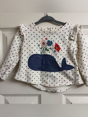 GAP Cream-White Polka Dot Long-Sleeve Tee with Navy Whale and Floral Embroidery